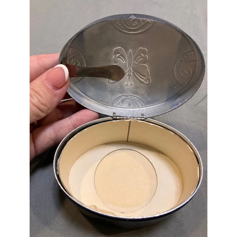 Vintage 20s Art Deco Vanity Face Powder Tin Butterfly Blue Silver Tone Inlay